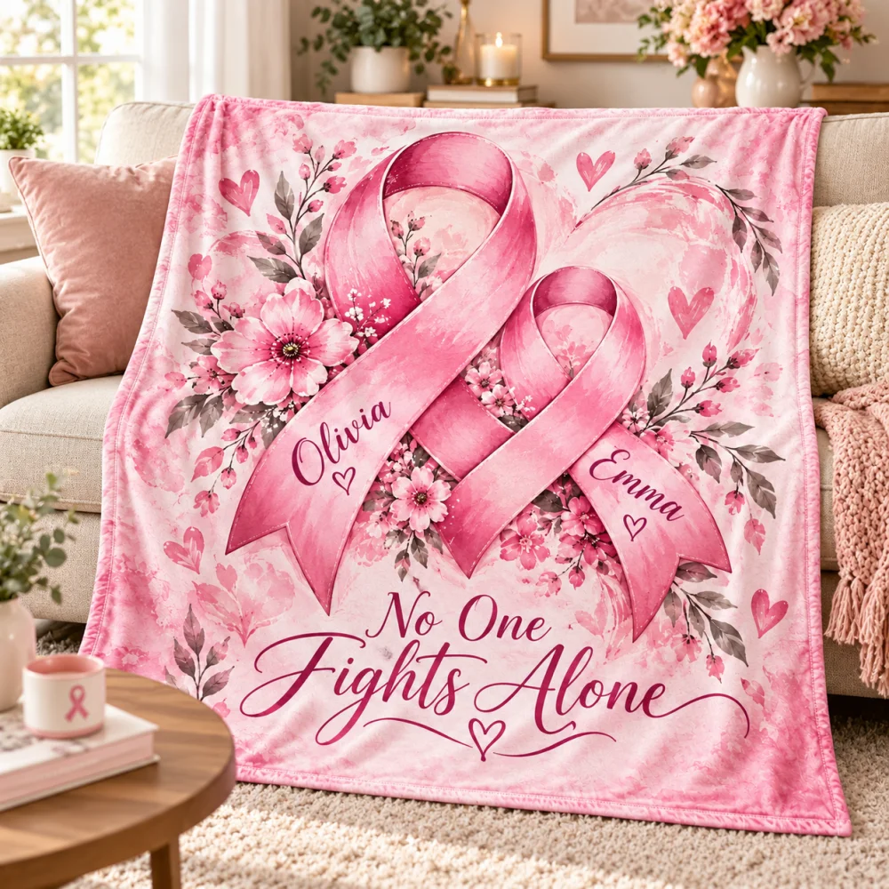 Custom Name Pink Ribbon Breast Cancer Throw Blanket, No One Fights Alone Floral Soft Flannel Blanket, Awareness Support Gift