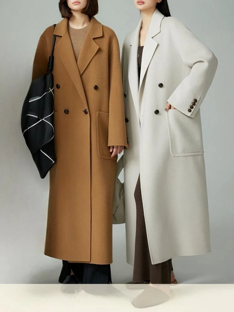 

Office Lady Double Breasted Woolen Jacket 2025 Autumn And Winter Suit Collar H-Profile Loose Long Women's 100% Wool Coats