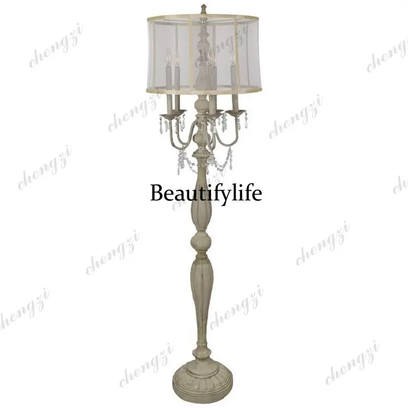 American retro solid wood hand-carved villa living room sofa five heads crystal pendant acrylic lampshade floor lamp