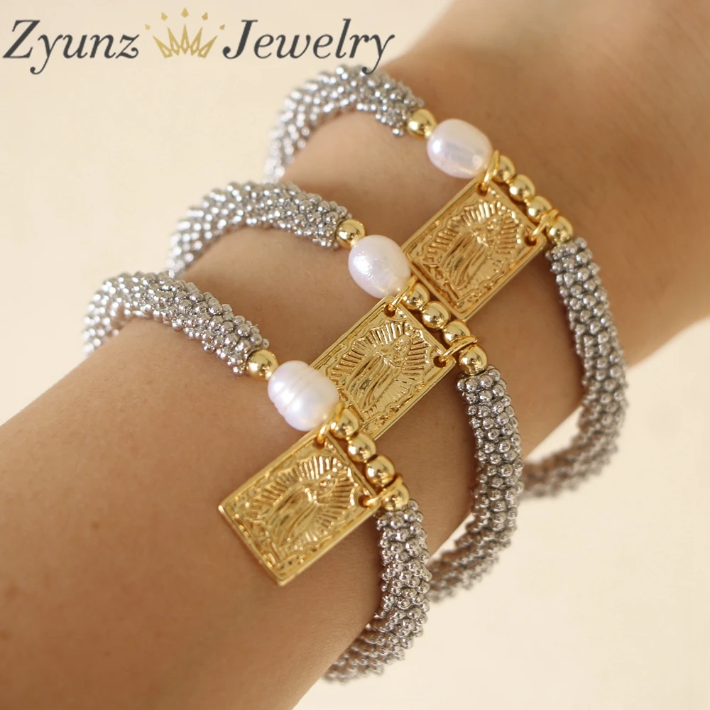 5PCS, Jesus Mary Round Rectangle Accessory Bead Freshwater Pearl Bracelet Flower Spacer Beads Religious Bracelets
