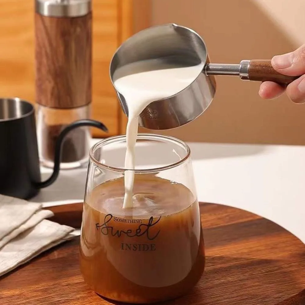 Wooden Handle Milk Pan with Scale 304 Stainless Steel Small Sauce Pan Deepen Spout Measuring Spoon Butter Melting