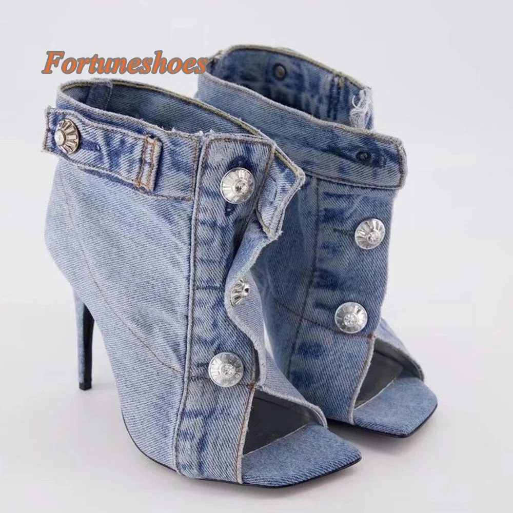 

Denim Peep Toe Women Boots Belt Buckle Metal Rivet Stiletto High Heel Sandals Summer/spring 2024 Newest Casual Mid Calf Boots