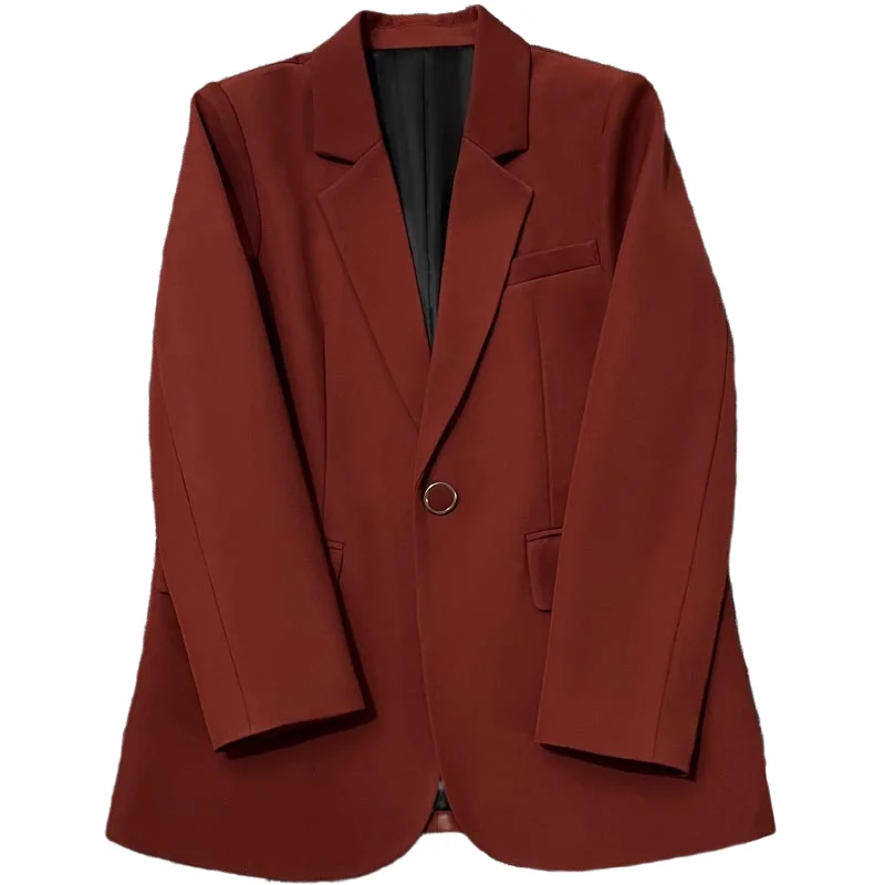 SuperAen Women Spring and Autumn New Solid Color Notched Casual Fashion Suit Long-sleeved Single Button Loose Blazer