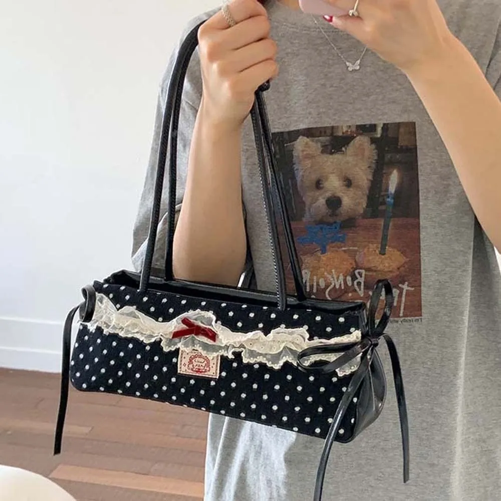 

All-match Sweet French Stick Handbag Bow Lace Polka Dot Underarm Bags Large Capacity Korean Style PU Shoulder Bag Daily