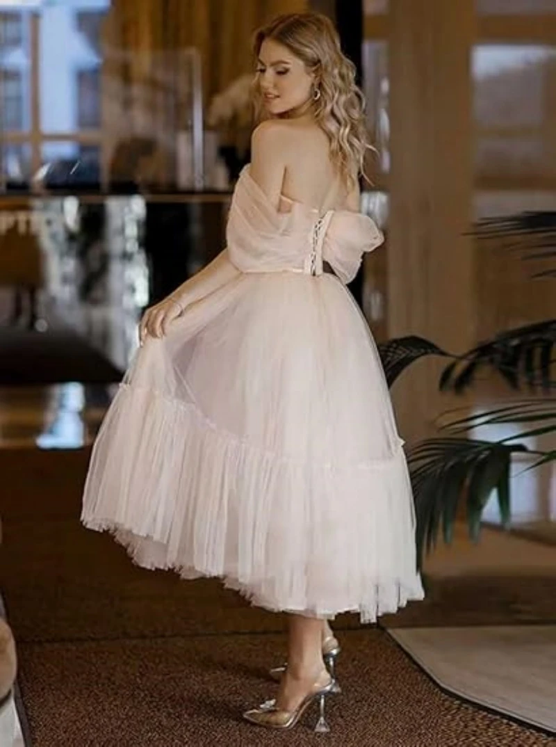 تول الشاي طول قبالة الكتف فساتين حفلة موسيقية ، الطبقات حبيبته كشكش ، أكمام قصيرة ، خط رسمي مساء ثوب الحزب