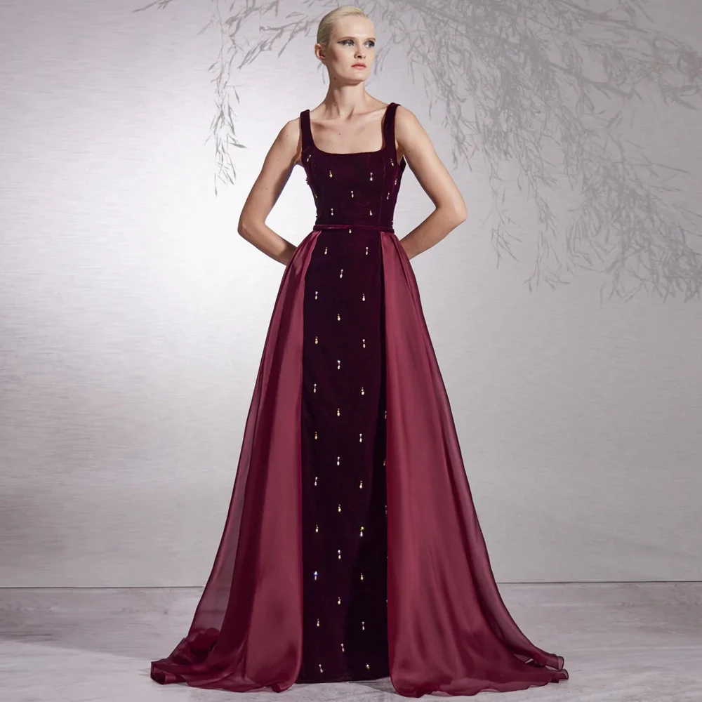 Burgundy Prom Dress Square Neck Customized Velour Formal Party Gown with Organza Skirt Slit Sheath Evening Dresses فساتين سهرات