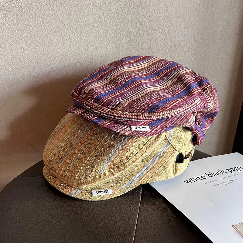 

Retro vertical striped front hat for women Korean style big head circumference casual versatile duckbill hat