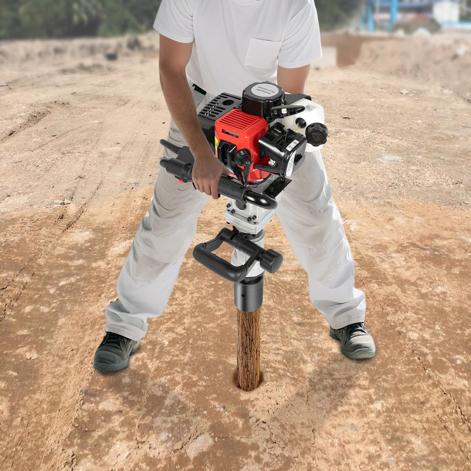 

32.6cc Gasoline Pile Driver 20-45J Impact 8500RPM 0.9KW Two-stroke Piling Tool w/2 Sleeves for Fencing & Construction ﻿