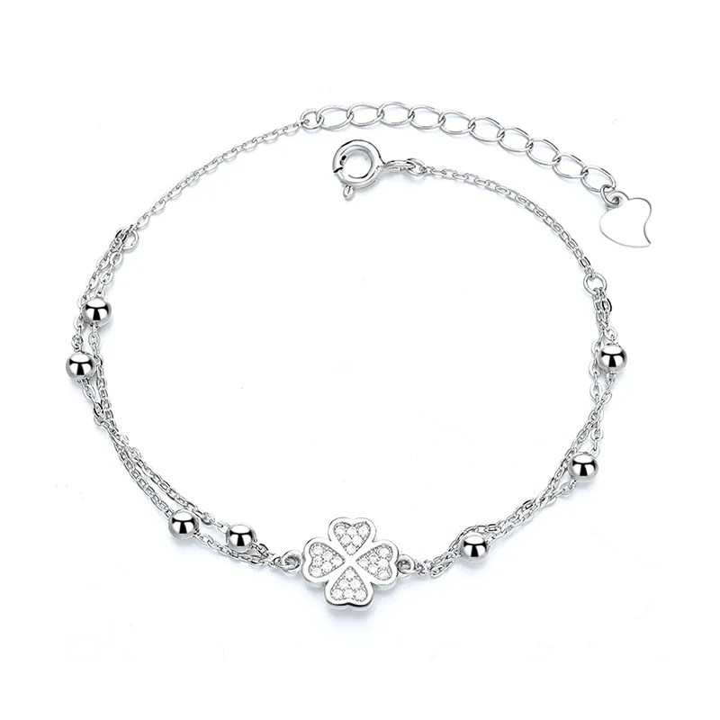 

S925 Sterling Silver Four-Leaf Grass Double Bracelet for Women Korean Version Ins Advanced Sense Minor Design for Gift