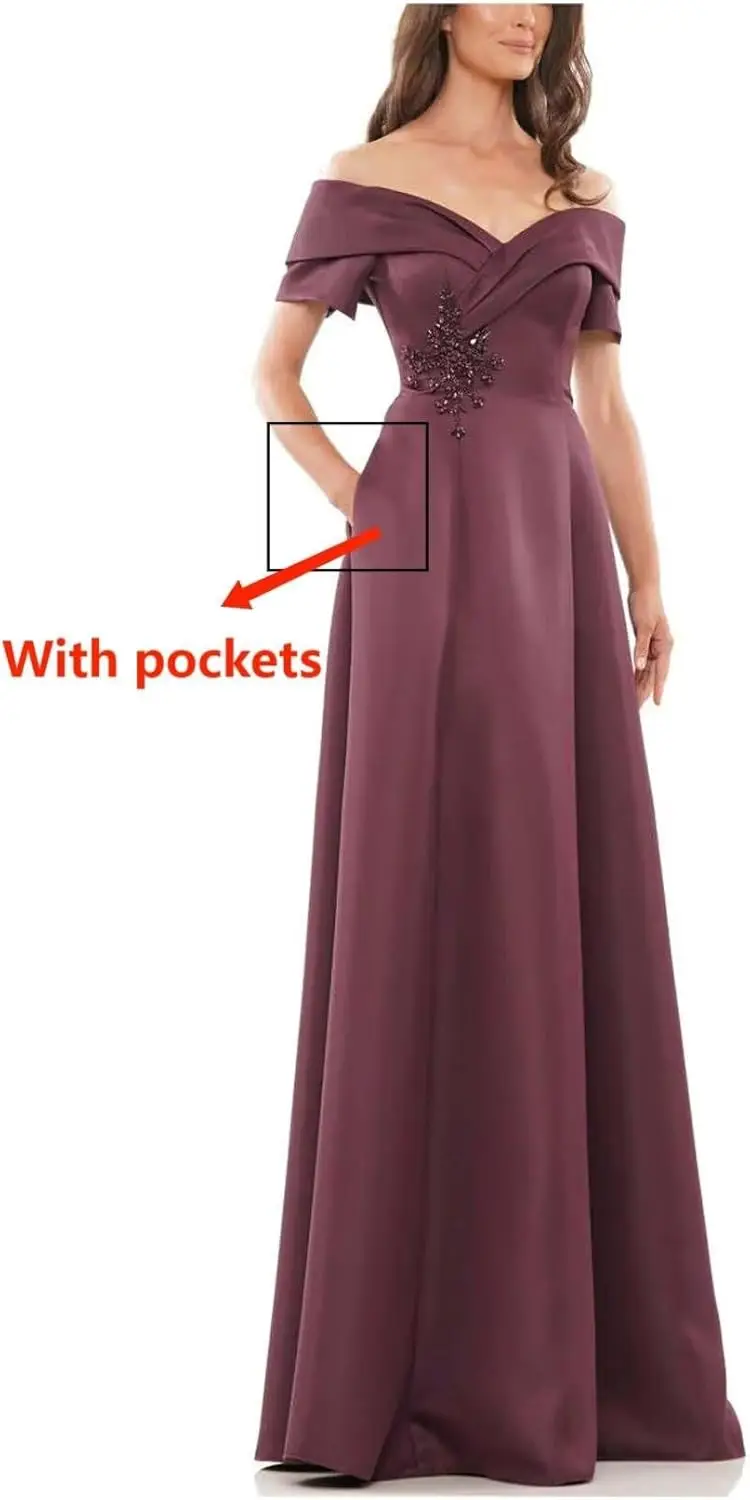 Strapless Satin Mother of The Bride Dresses A Line Beaded Floral Long Wedding Guest Gowns for Women with Pockets