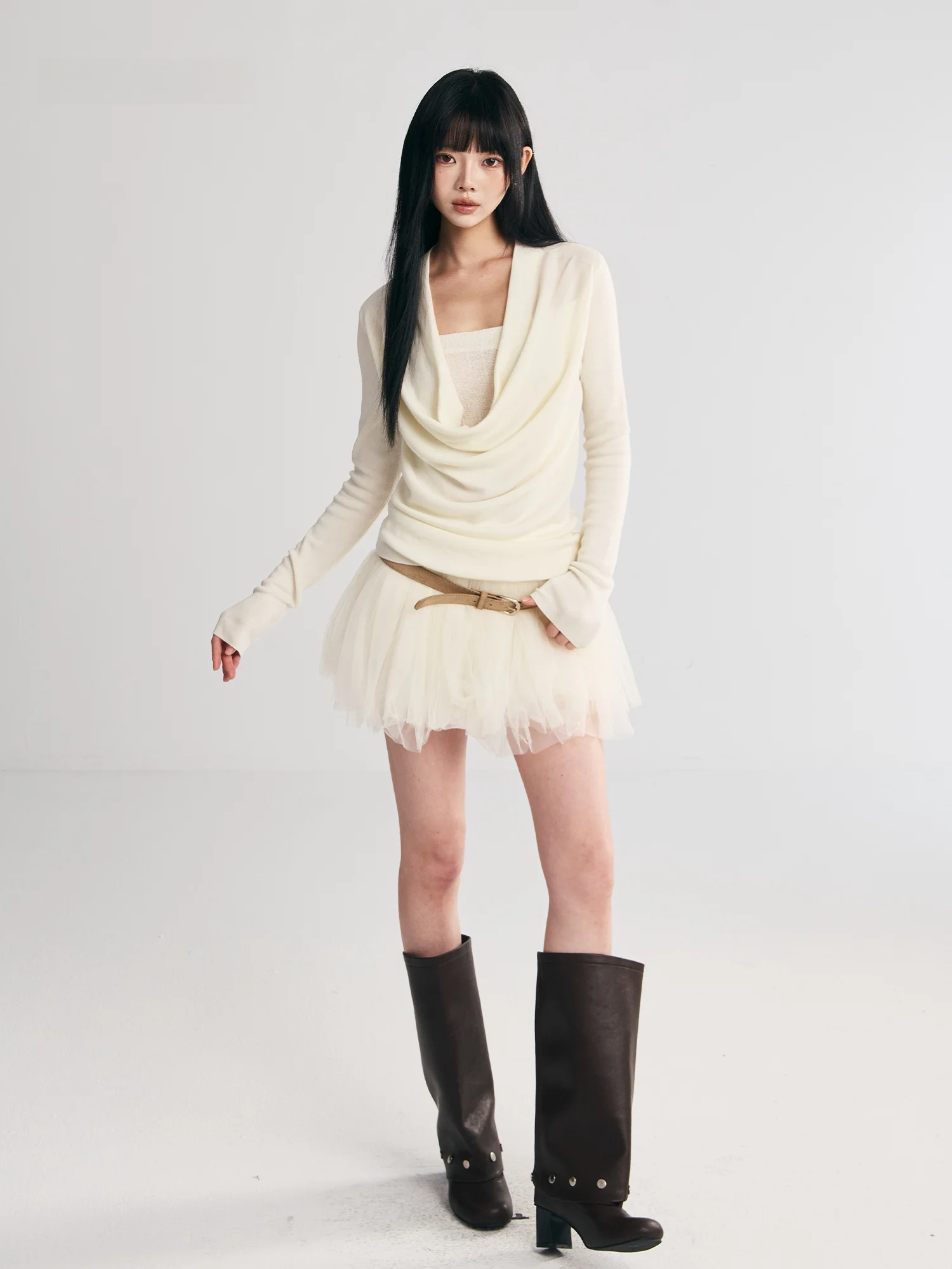 

Andasaya Loose Knitted Sweater Fake Two-Piece Lazy Sle High Quali Fall Top Beige Light ey Loose Collar Women's Hoodie