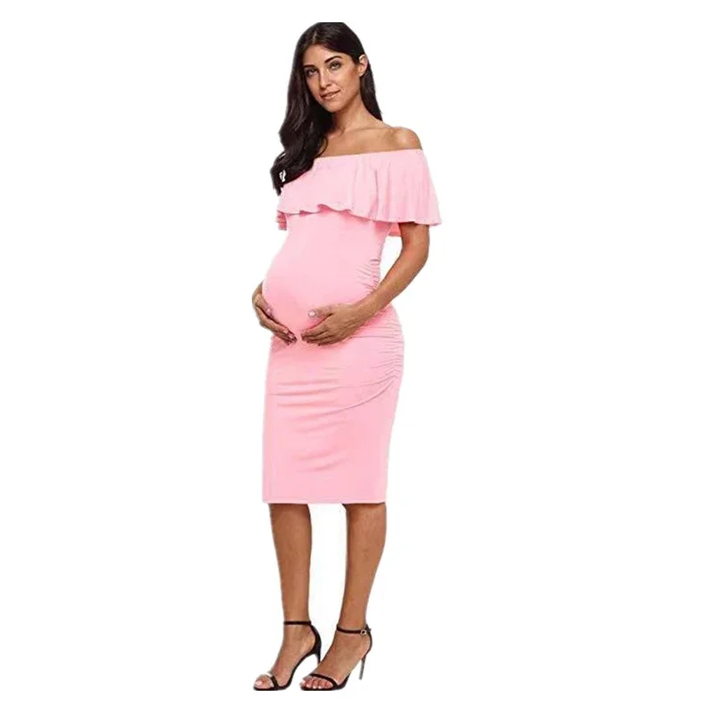 Cotton Nursing Ruffles Maternity Dresses Off Shoulder Pregnancy Ruffle Shoulderless Women Bodycon Dress Summer Pregnant