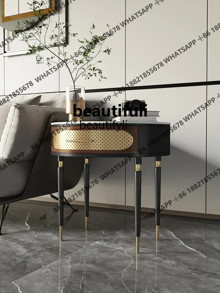 z1Italian Mild Luxury Marble Corner Table Living Room Retro Sofa Side Table Gold Boots Solid Wood Small Coffee Table