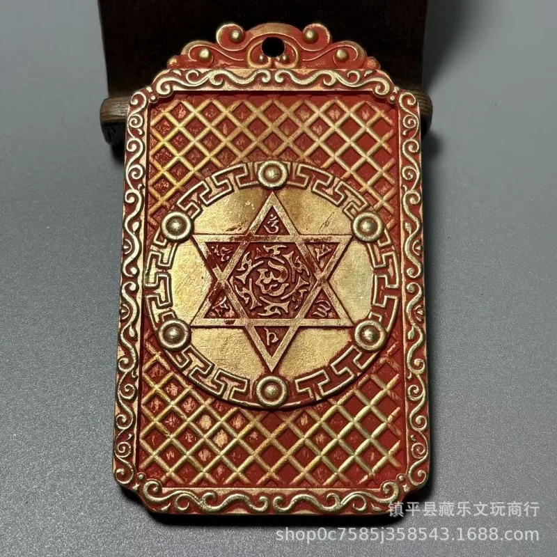 Antique Collectible Item: Lima Copper Engraved With Tibetan Cinnabar, Featuring Shakyamuni And Mahavairocana Buddha Brass Amulet