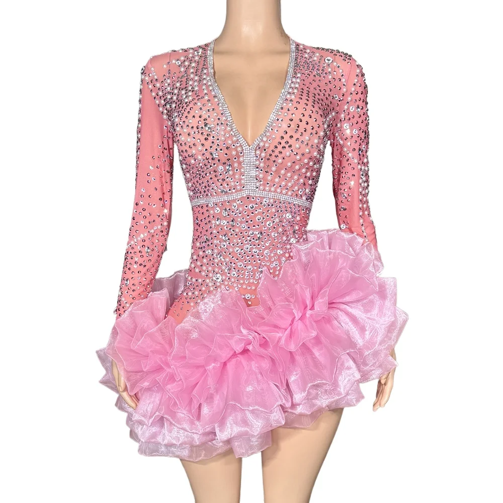 

Sparkly Pink Sheer Pearls Rhinestones Short Dress for Women Sexy Deep V Neck Performance Dance Costume Stage Wear Photo Shoot