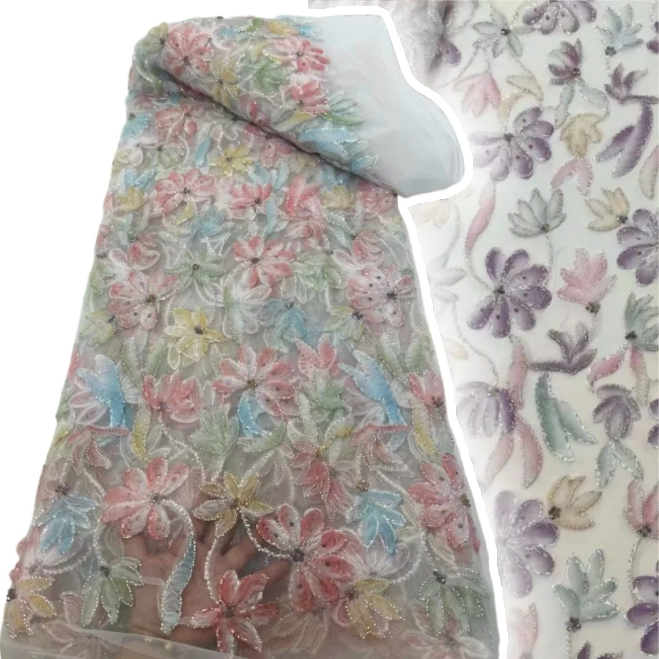 

Elegant Africa 3D Flower Lace Fabric High quality French Nigerian Sequins Bead Embroidery Lace Fabric for Wedding Dress TP1098