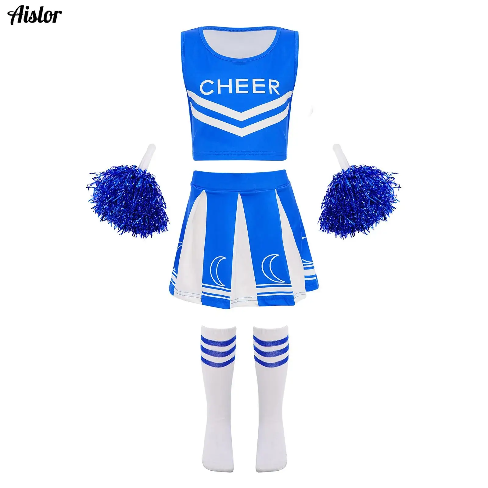 Kids Girls Cheerleading Dance Costume 2-Piece Sleeveless Letter Print Tank Crop Top+Pleated Skirt+2Pcs Flower Balls+1 Pair Socks