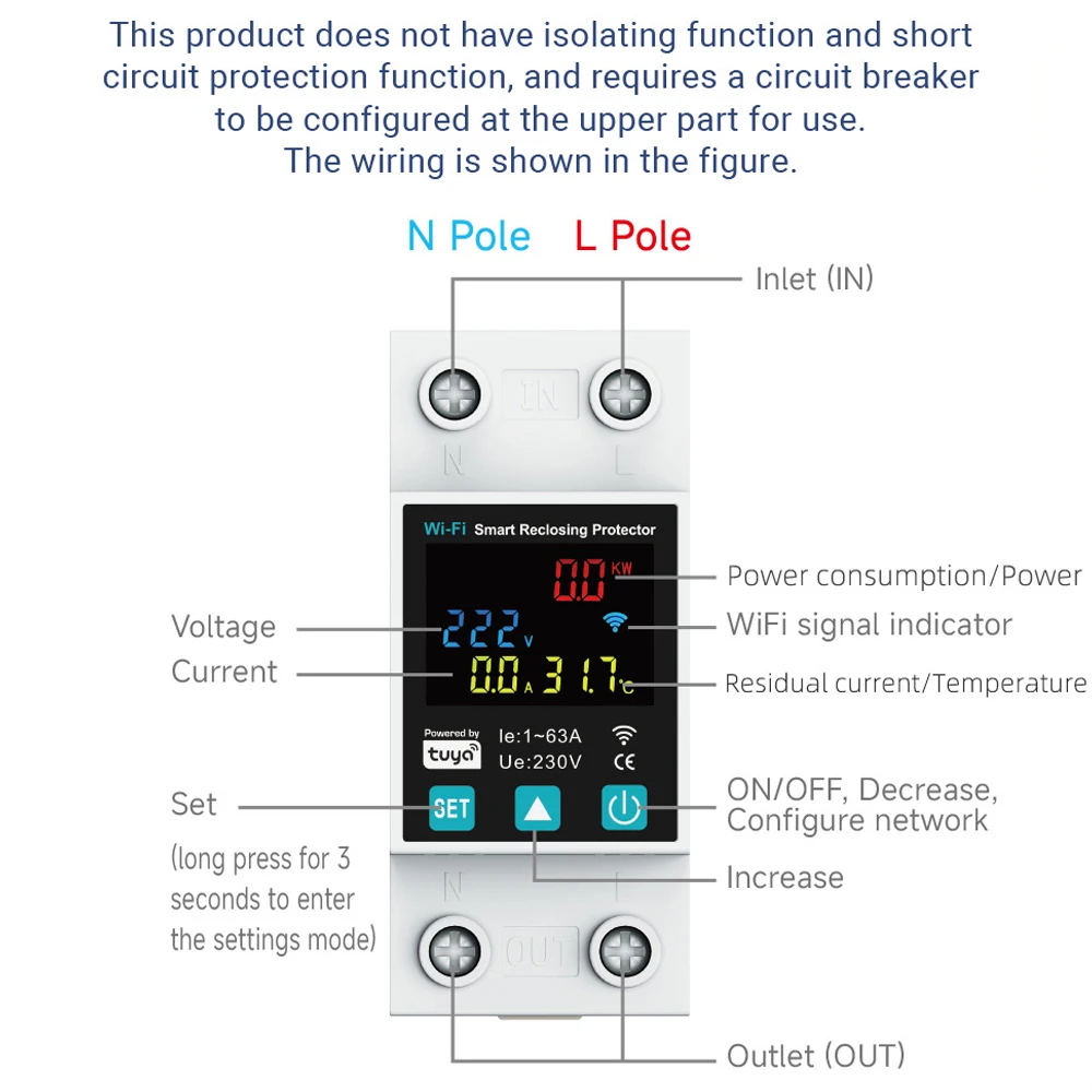 

Умный Wi-Fi выключатель Tuya 2P 1-63А с регулировкой, защитой от утечки тока, перенапряжения и пониженного напряжения, реле, счетчик энергии (кВтч)
