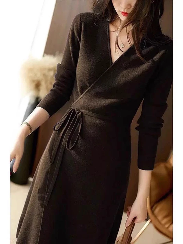 Fashionable Knitted Long Sleeve Dress Women's Spring Autumn Winter High Waist Slimming Midi Skirt Korean Style Commute Dress
