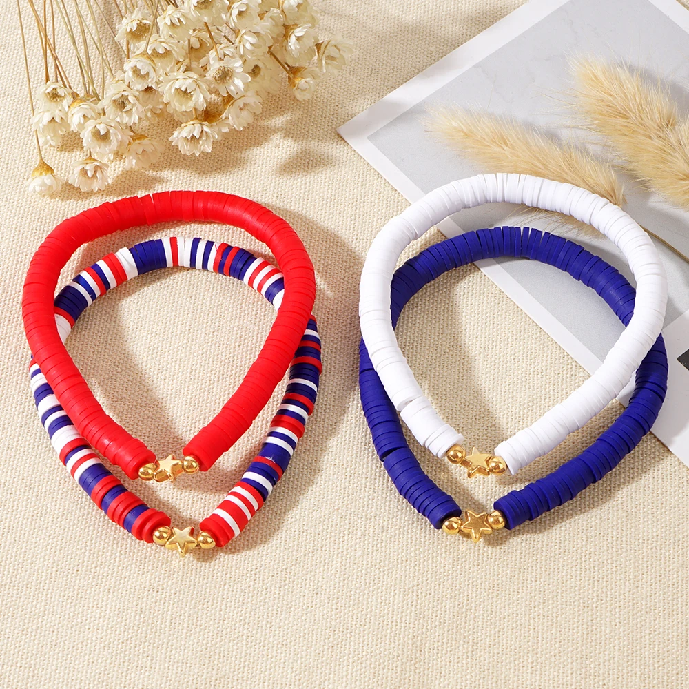 4PCS Bohemia American Flag HEISHI Gold Bead Bracelet Men's and Women's Bracelet Bracelet Patriotic Memorial Fashion Accessories