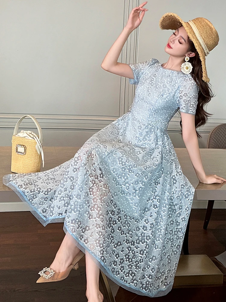 Vestiti delle donne Dolce Blu Stampa floreale O-Collo Sottile A-Line Abito lungo Elegante Lady Fashion Party Compleanno Vestido Robe Boho Summer