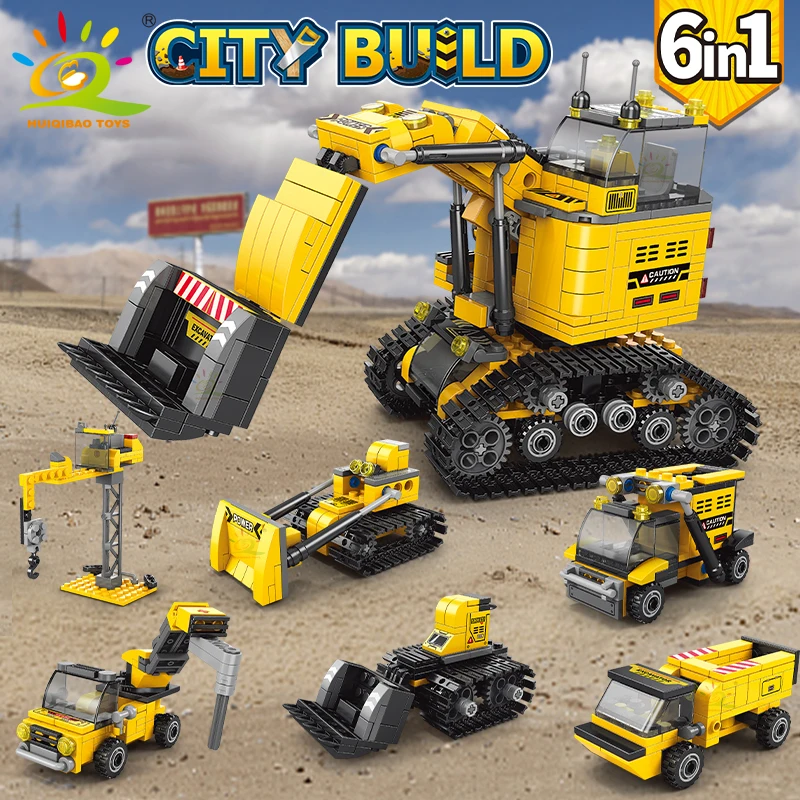 HUIQIBAO 535pcs 6in1 Engineering Truck Building Blocks City Construction Bulldozer Crane Car Bricks Set For Children TOYS Kids