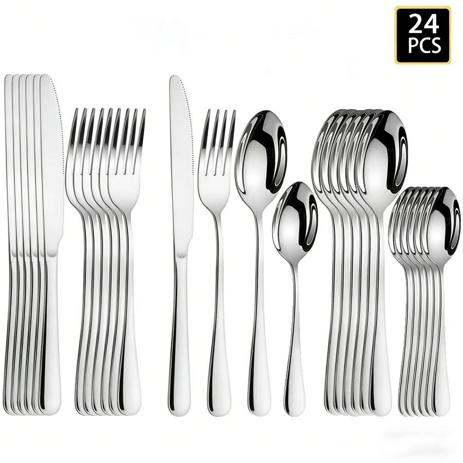 Set di 24 Pezzi di Posate in Acciaio Inox 1010 - Forchette da Cena, Coltelli da Cena, Cucchiai da Cena, Cucchiaini da Tè, Cucchiai da Zuppa, Cucchiai da Servizio