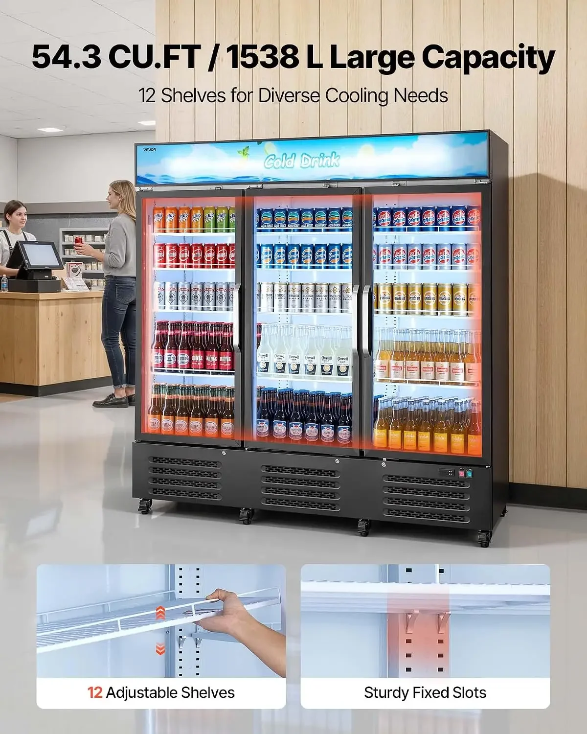 Commercial Merchandiser Refrigerator, 54.3 Cu.Ft / 1538L Upright Beverage Cooler, 3 Glass Door Display Refrigerator with Customi