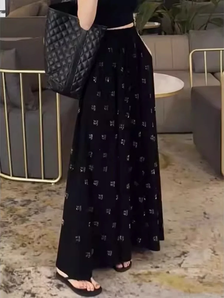 Black Casual Floral Long Skirt Floor-Length Cut-Label High Waist Summer Design Half Skirt Korean Style A-Line Midi Skirt