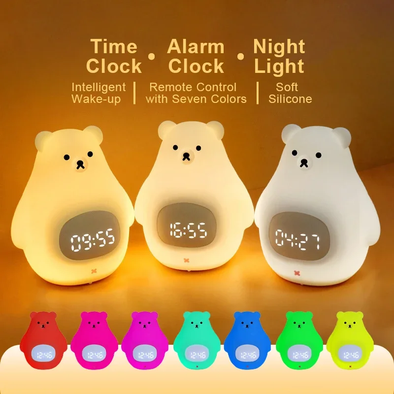 White Bear Alarm Clock Timing Night Light Soft Silicone Touch Voice Vibration Control USB Rechargeable Desk Table Clock