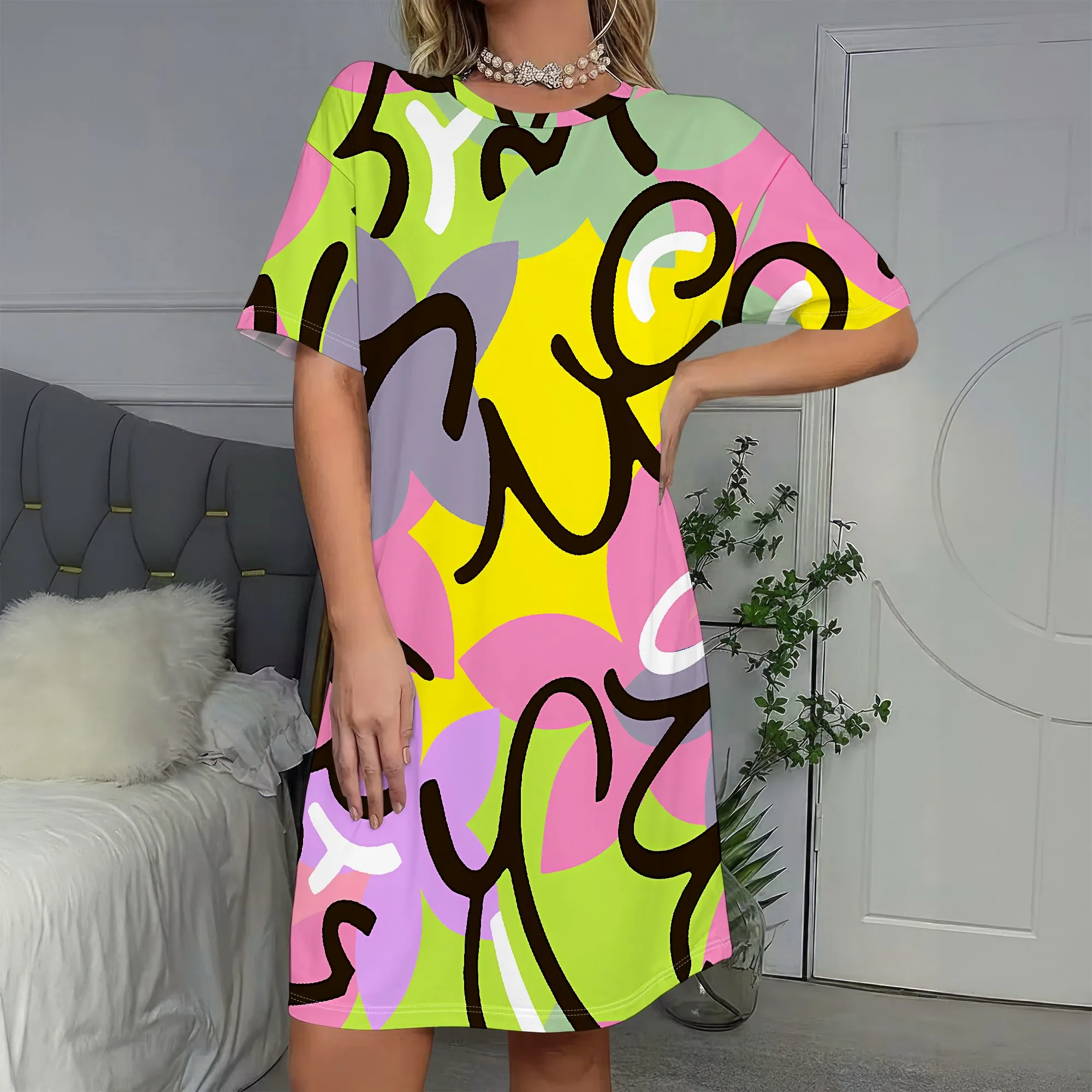 

Abstract Art Print, Short Sleeve Dress, Vibrant Colors, Casual Wear, Party Outfit, Trendy Style, S-2XL