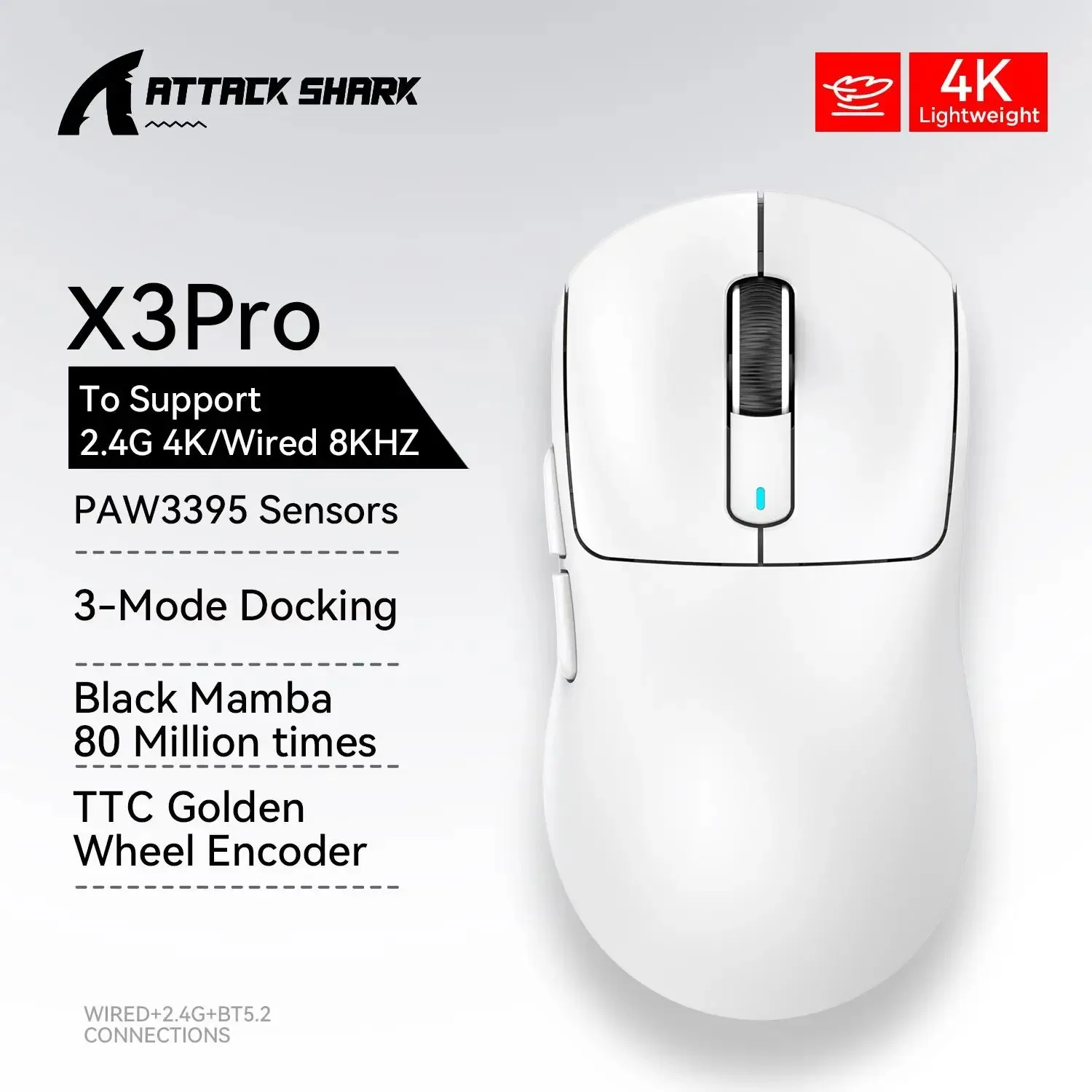 

Беспроводная игровая мышь Attack Shark X3 X3Pro, 26 точек на дюйм, PAW3395, датчик, трехрежимный, 8K, частота заката, сверхлегкая программируемая ягодица