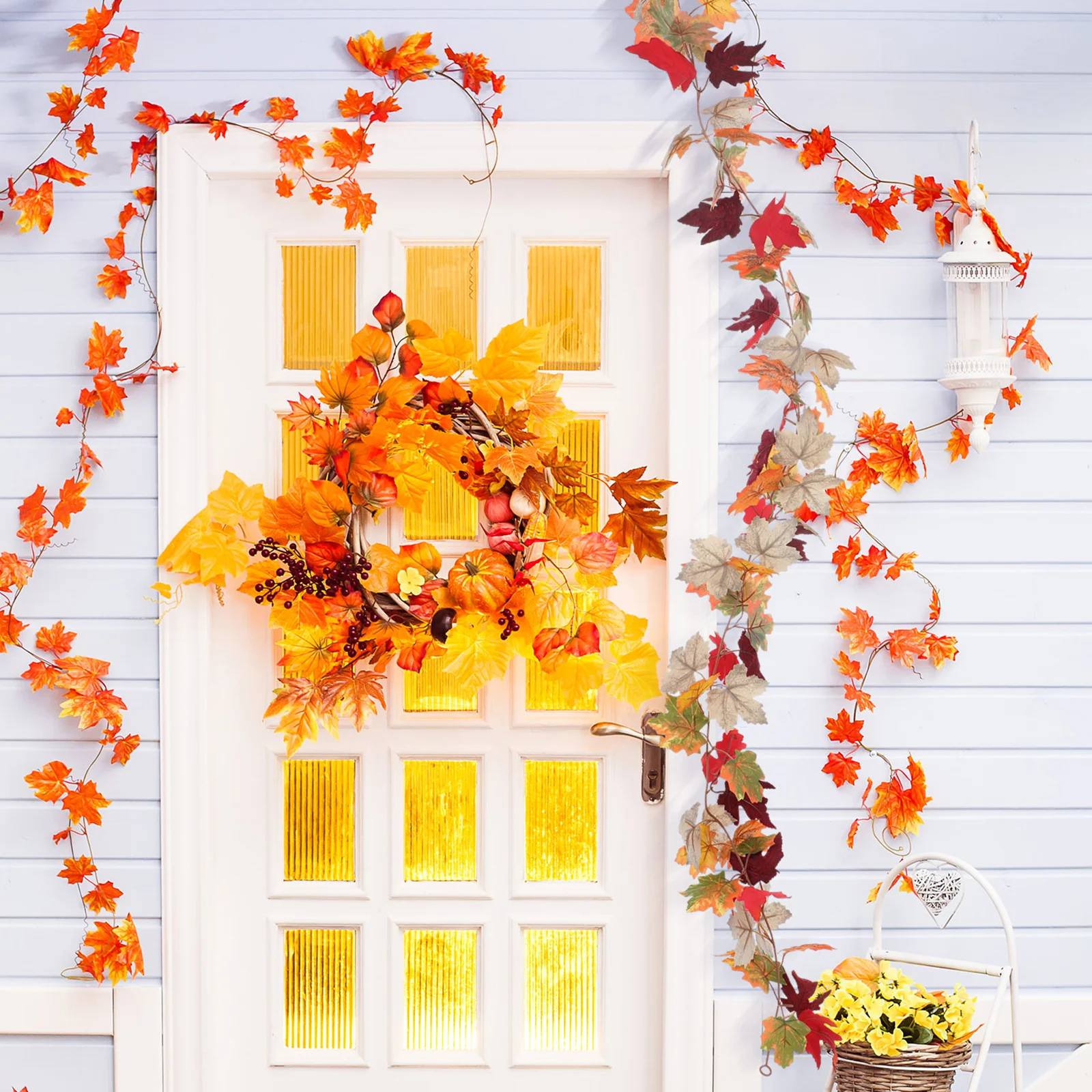 

2pcs Maple Garland 5.74Ft Artificial Autumn Foliage Lifelike Thanksgiving Halloween Decor For Home Wedding Fireplace Party Fall