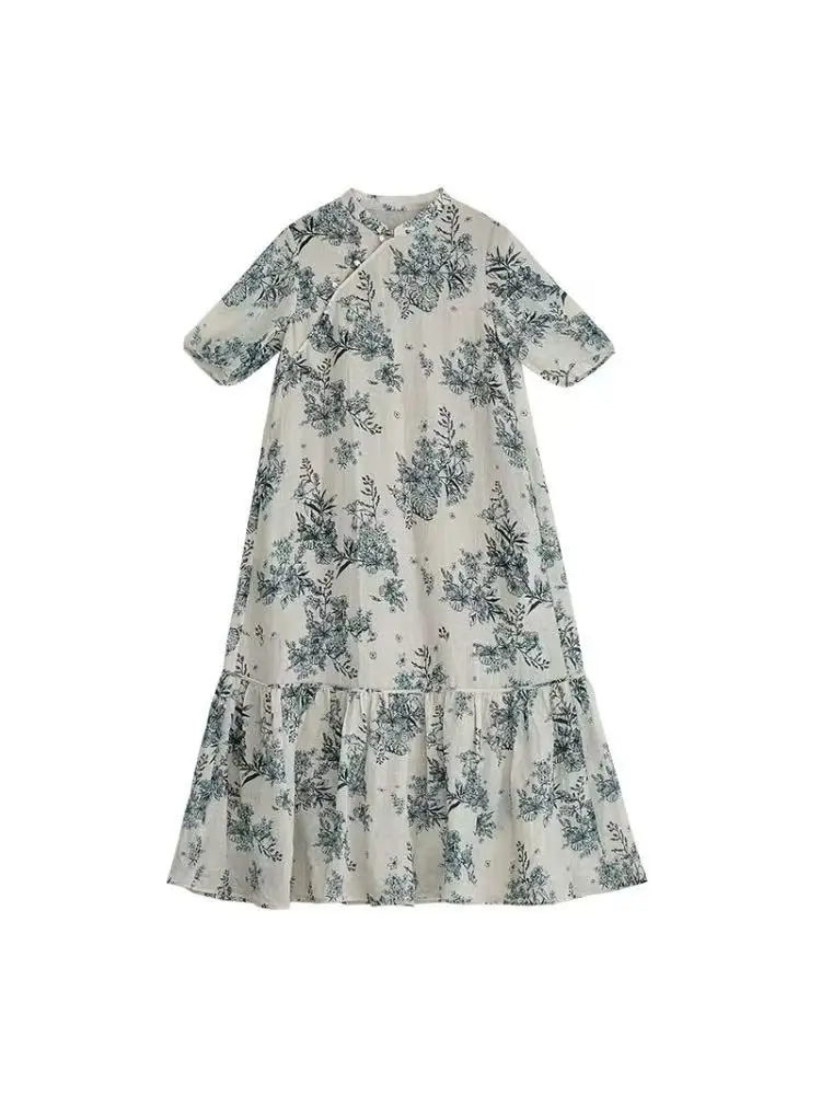 Robe d'été en lin à manches courtes pour femmes, nouveau Style, à la mode, nationalité chinoise, Design de peinture imprimé, robe trapèze N747