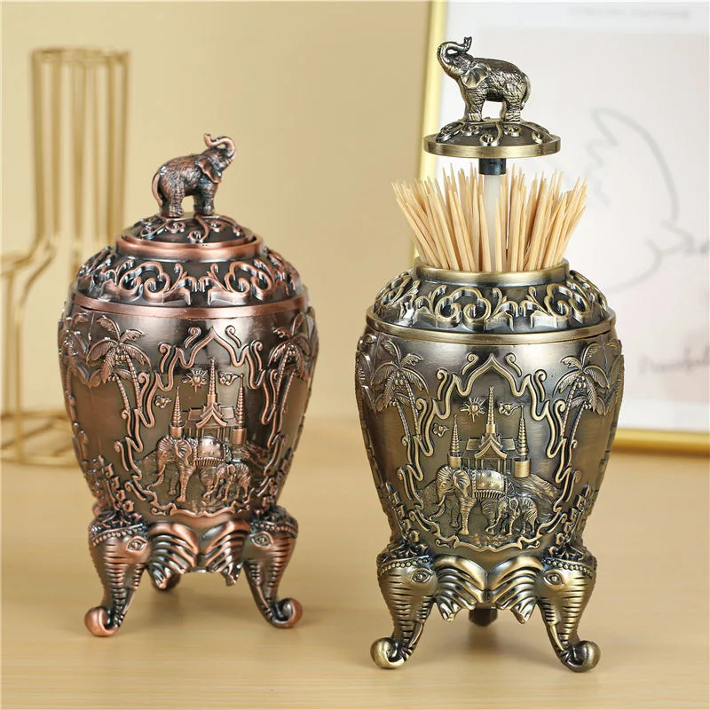 European-style Automatic Toothpick Cylinder Alloy Retro Elephant Toothpick Storage Rack Box Home Desktop Decoration Decoration