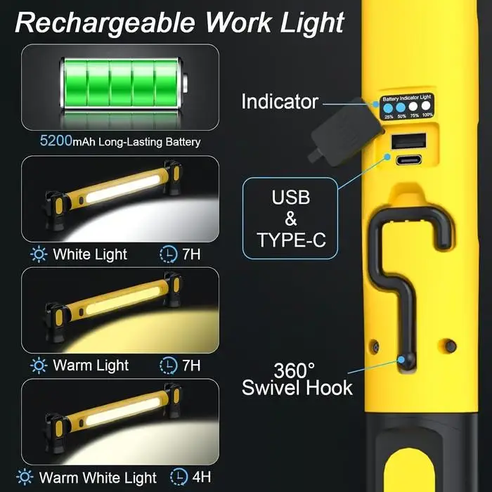 Superheldere LED oplaadbare magnetische werklamp met roterende basis en haken - onderhuislamp voor autoreparatie/noodgereedschap
