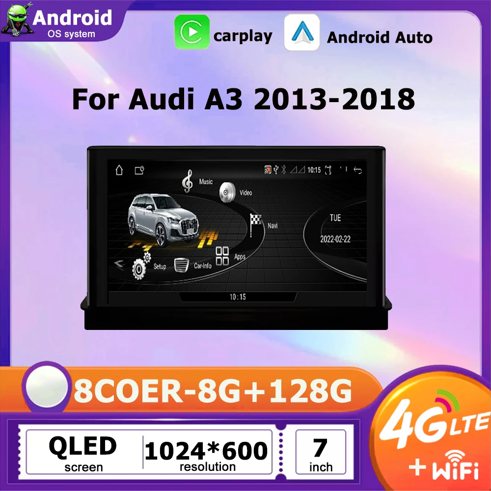 Carplay 7 Inch For Audi A3 2013-2018 Android 16 Auto QLED Screen Car Accessories Monitors Multimedia Audio Video Radio Player