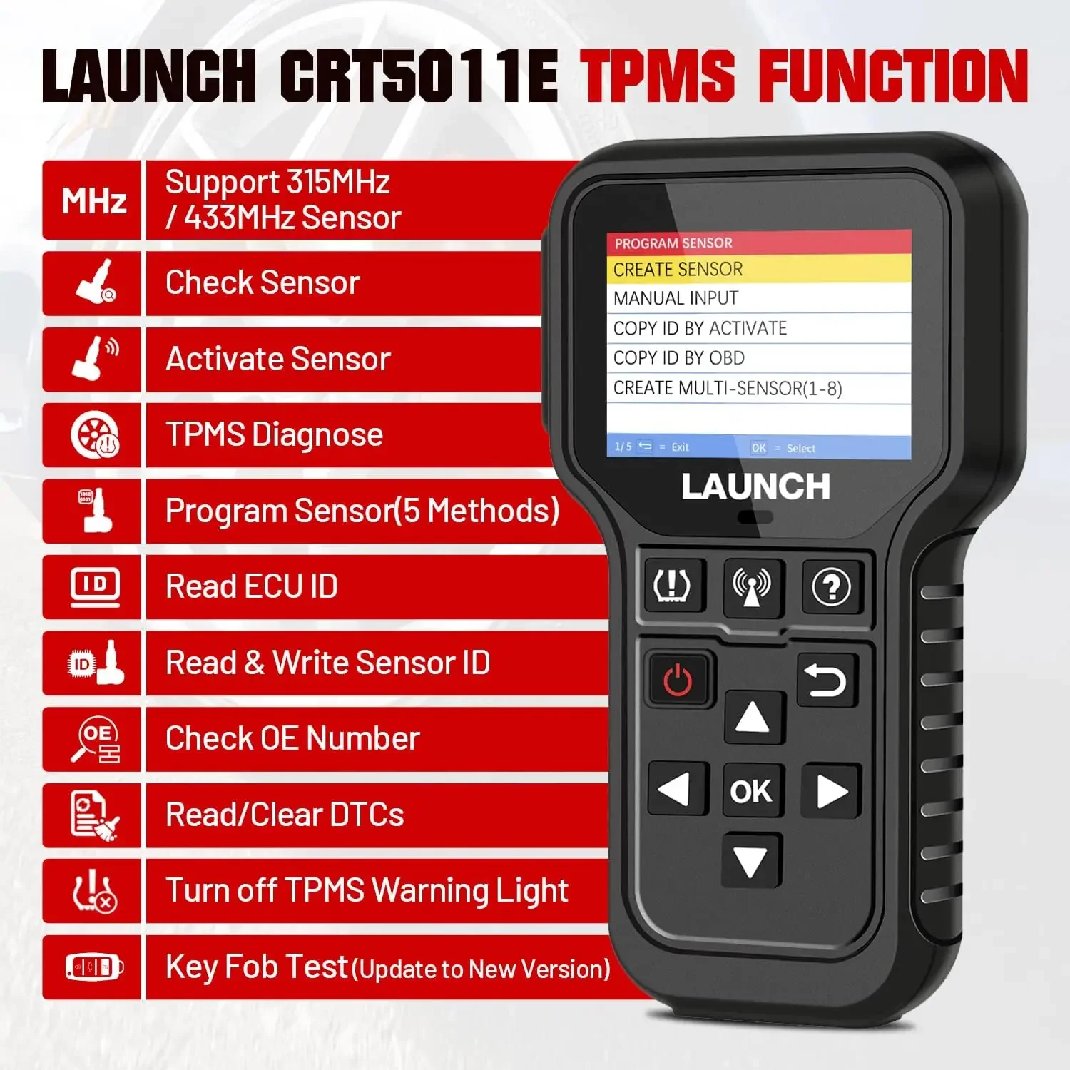 2024 Launch CRT5011E Newest TPMS Relearn Tool OBD2 Scanner Code Reader Tire Pressure Activation Read/Program/Reset SDK