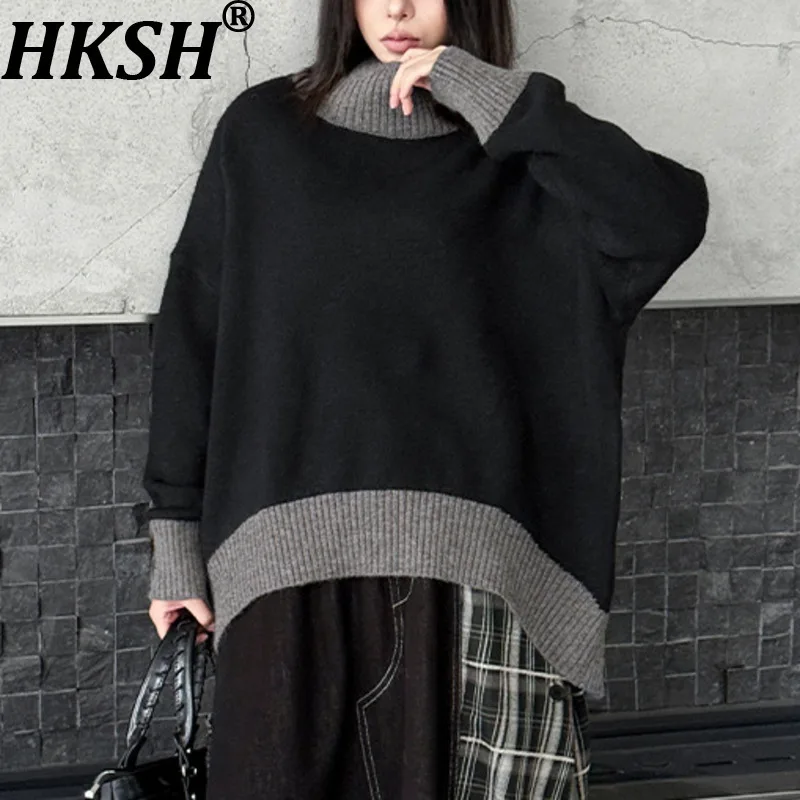

HKSH 2023, осенне-зимний новый женский свитер, водолазка с цветными блоками и длинными рукавами, универсальный элегантный повседневный вязаный топ HK16110