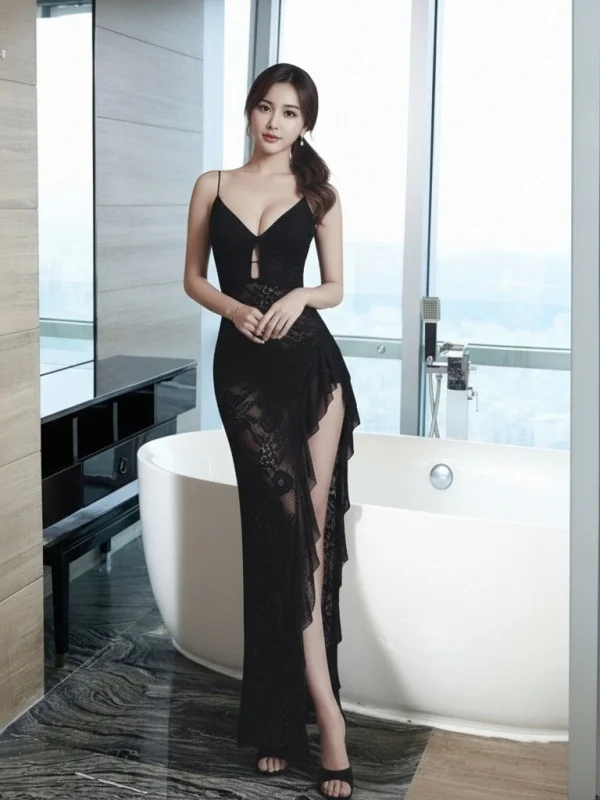 

Sexy Open Back Long Dress See through High End Evening Gown Night Club Sauna Technician Irregular Fish Tail Women's Dress