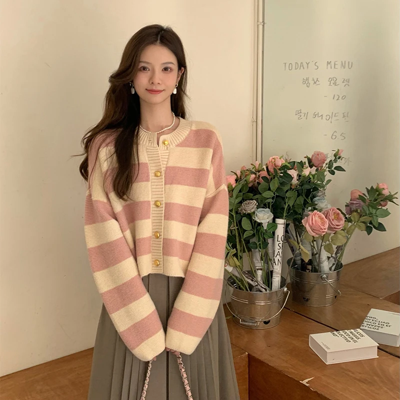 Striped Y2K Women Cardigan Korean Sweet Knitted Retro Long Sleeve Female Sweater Fashion Loose Casual Elegant Ladies Crop Top