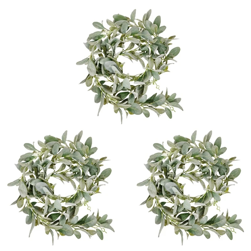 

3X Artificial Flocked Lambs Ear Garland - 2Meter Soft Faux Vine Greenery And Leaves For Farmhouse Mantel Decor