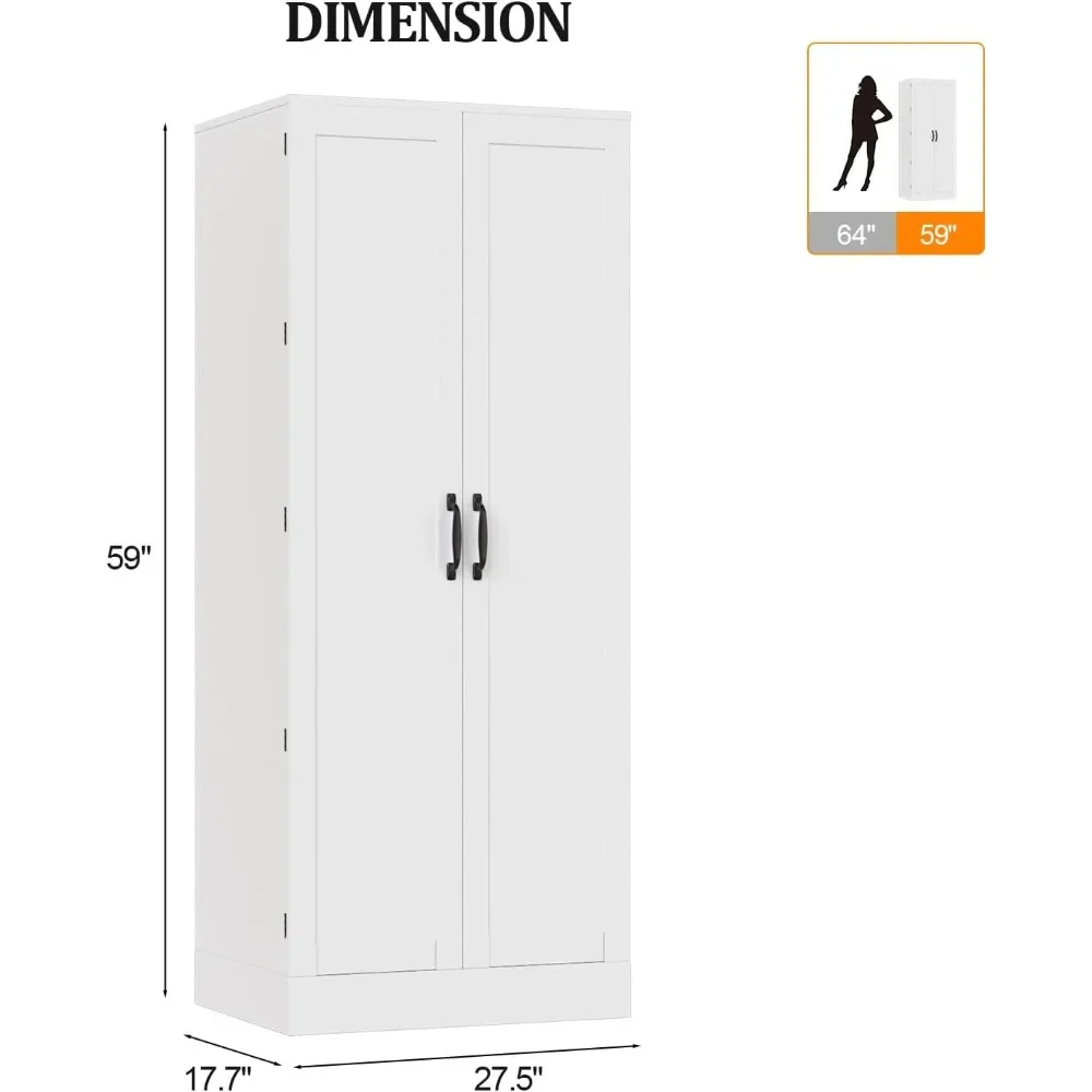 Armario alto de despensa para cocina, alacena de almacenamiento de alimentos, color blanco con 2 puertas y estantes ajustables, 59 "H