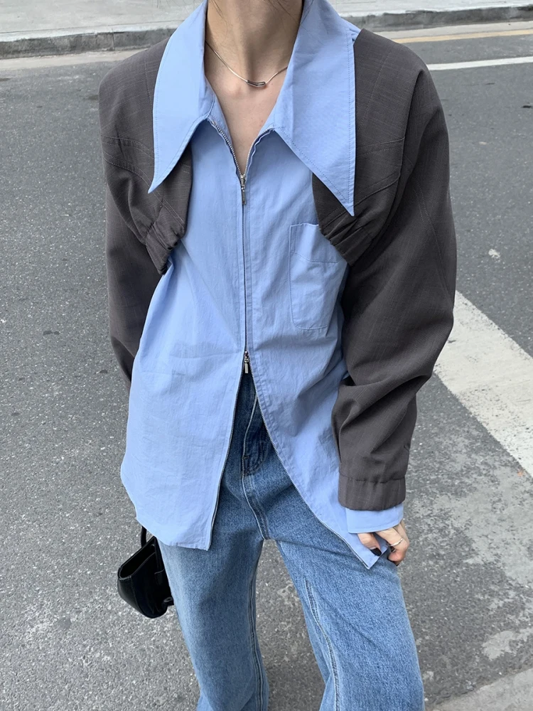 Blauer Reißverschluss Long Sve irt Damen Design Sensation Frühling Herbst Baumwolle Straight Cut Japanische SLE-Kragen-Bluse