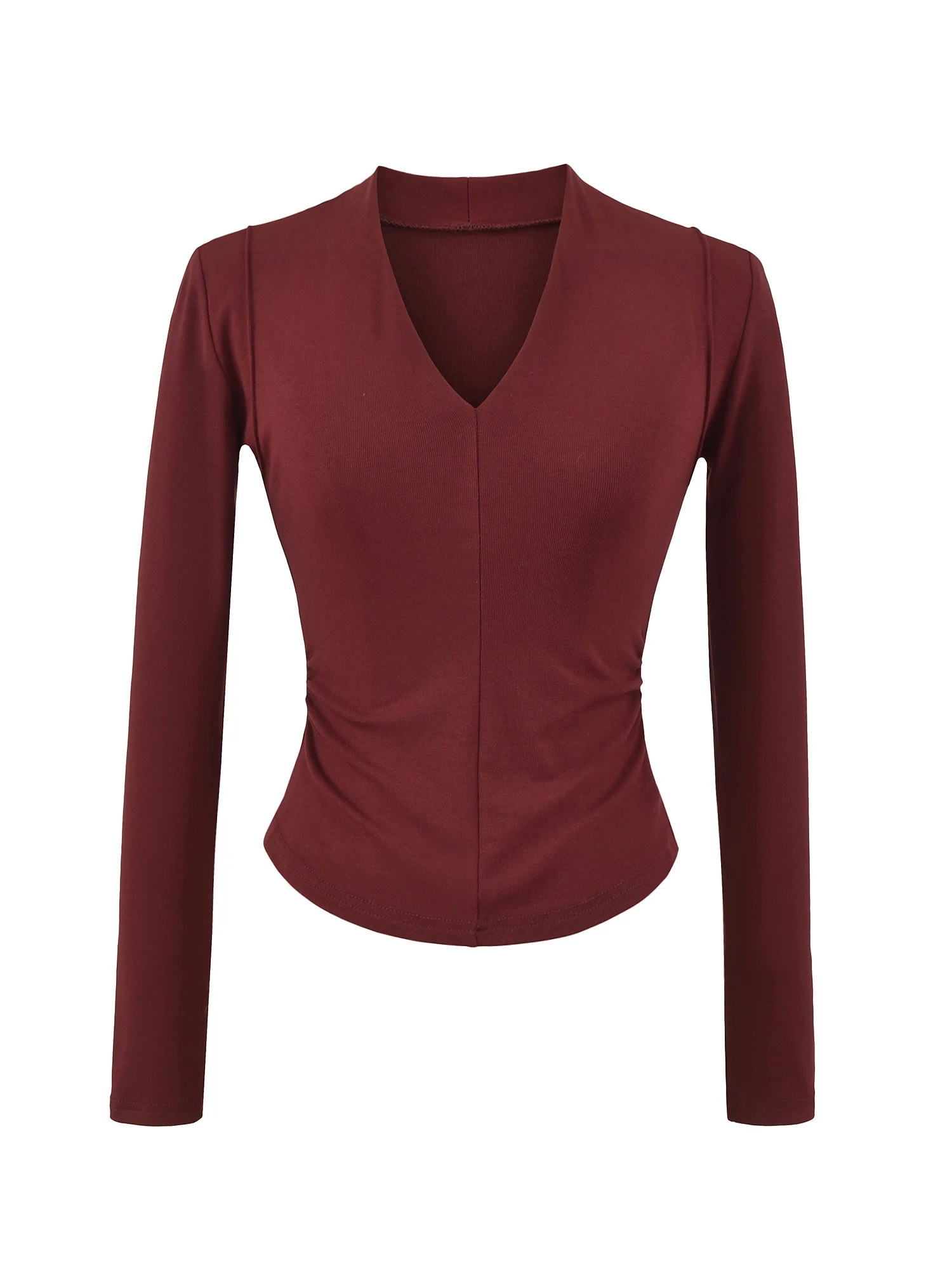 섹시한 미국 스타일 긴팔 티셔츠 여성 슬림핏 허리 조임 V넥 단색 기본 셔츠 면 폴리에스터 혼방