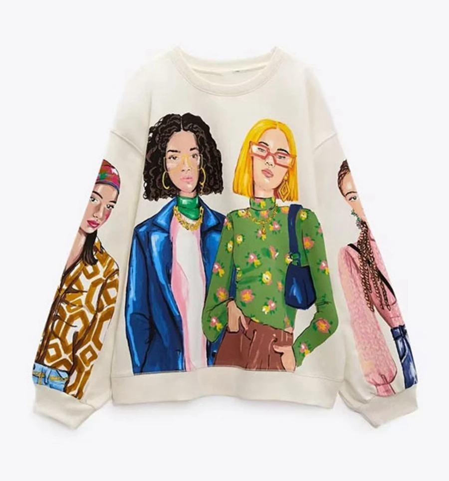 Fashion Cartoon Print Y2K Sweatshirt Women Loose Fleece Stitch Sweatshirts Female Long Sleeve Winter Hoodies Chic Pullovers Tops