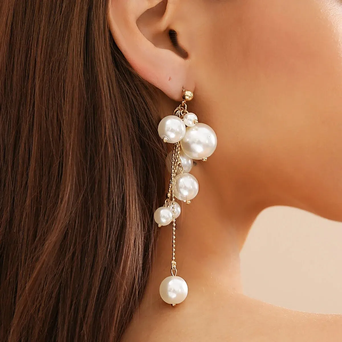 Elegant Simple Imitation Pearl Long Tassel Drop Earrings for Women Wed Bridal Classic Piercing Hanging Earring Aesthetic Jewelry