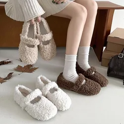 White French Mary Jane flat-bottomed fluffy shoes for women's 2024 new autumn and winter warm-soled beanie cotton shoes