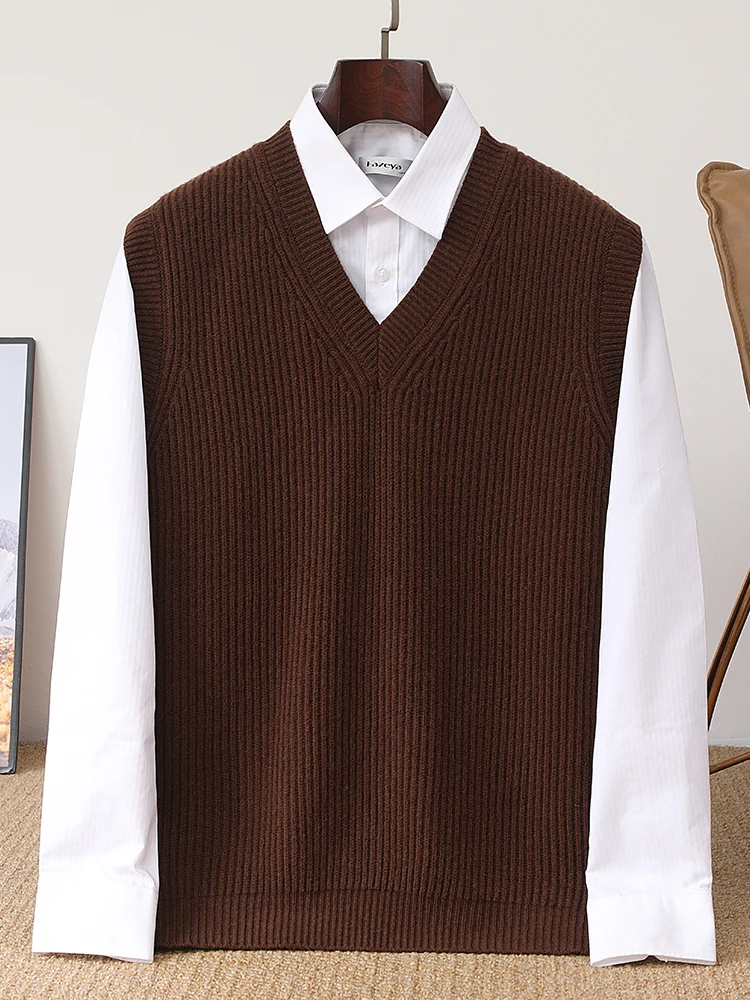 

100% Merino Wool Vest Men's Sweater V-neck Soild Sleeveless Versatile Simple Cashmere Knit Waistcoat Smart Casual Autumn Winter