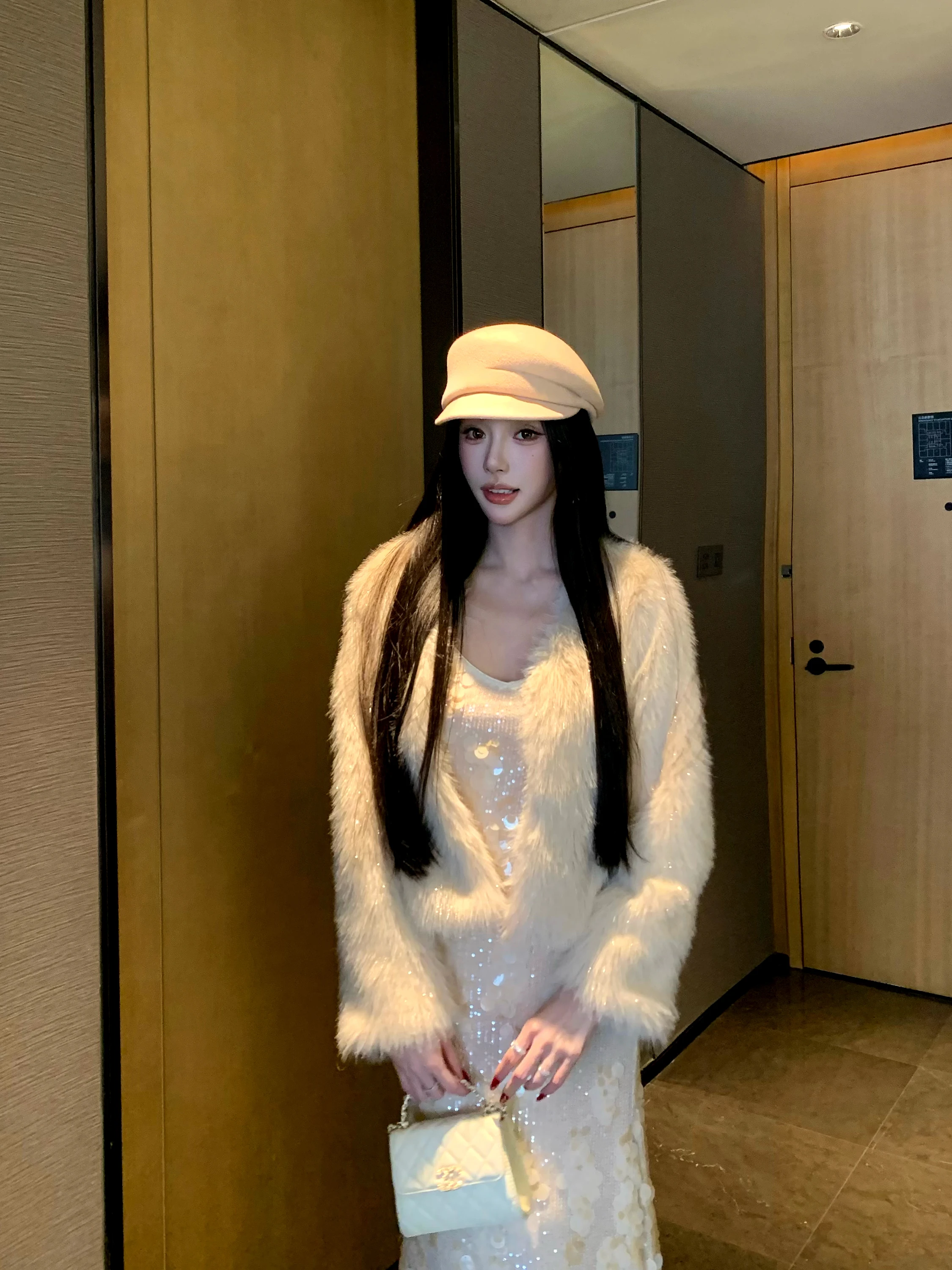 

Barb Chill ort Fur Coat Women's Winter New Year's Slimming Fluffy Outerwear Long Sve Loose Fit Sle Fem Youth Faion